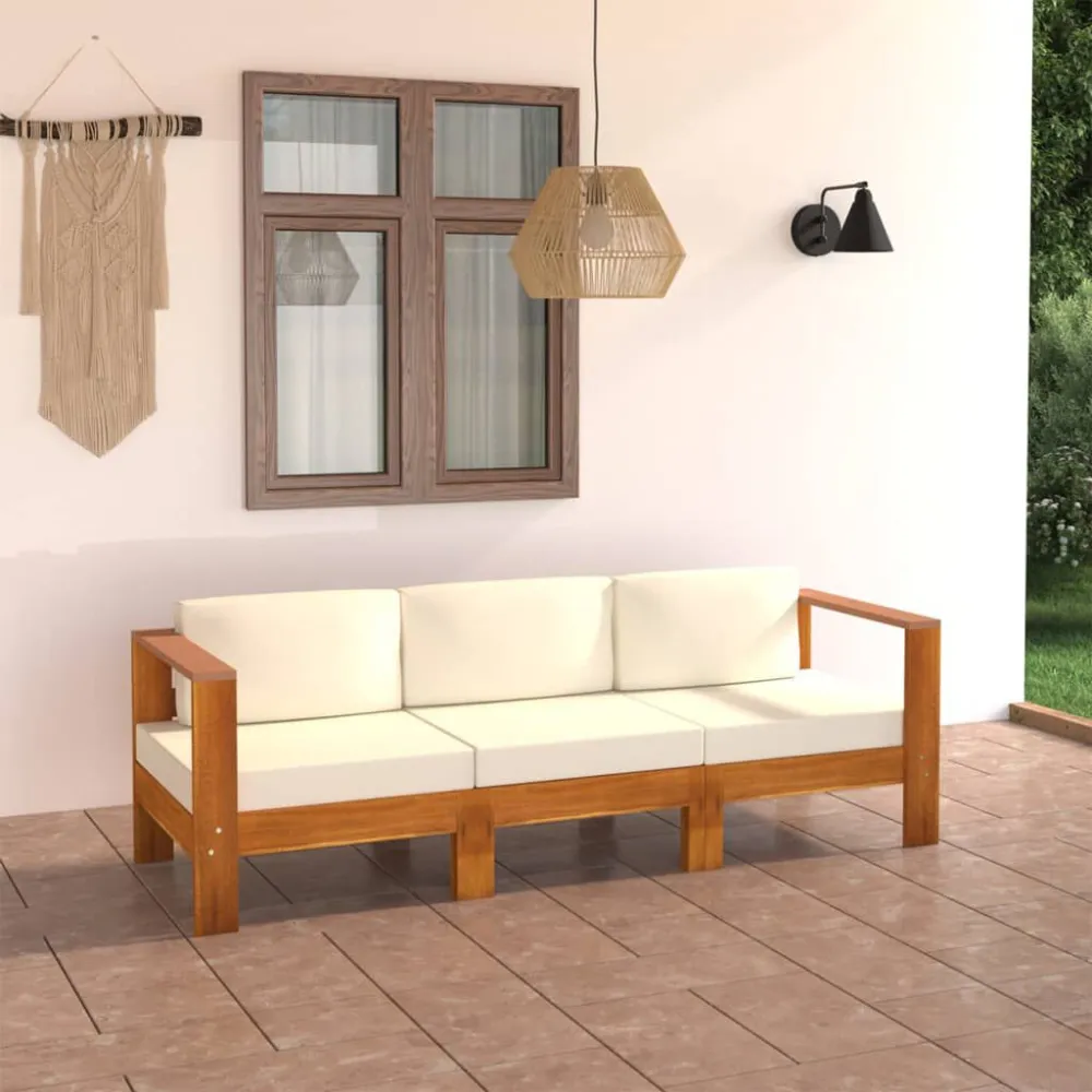 Divano da Giardino 3 Posti Cuscini Bianco Crema Massello Acacia con Sistema di Montaggio Rapido