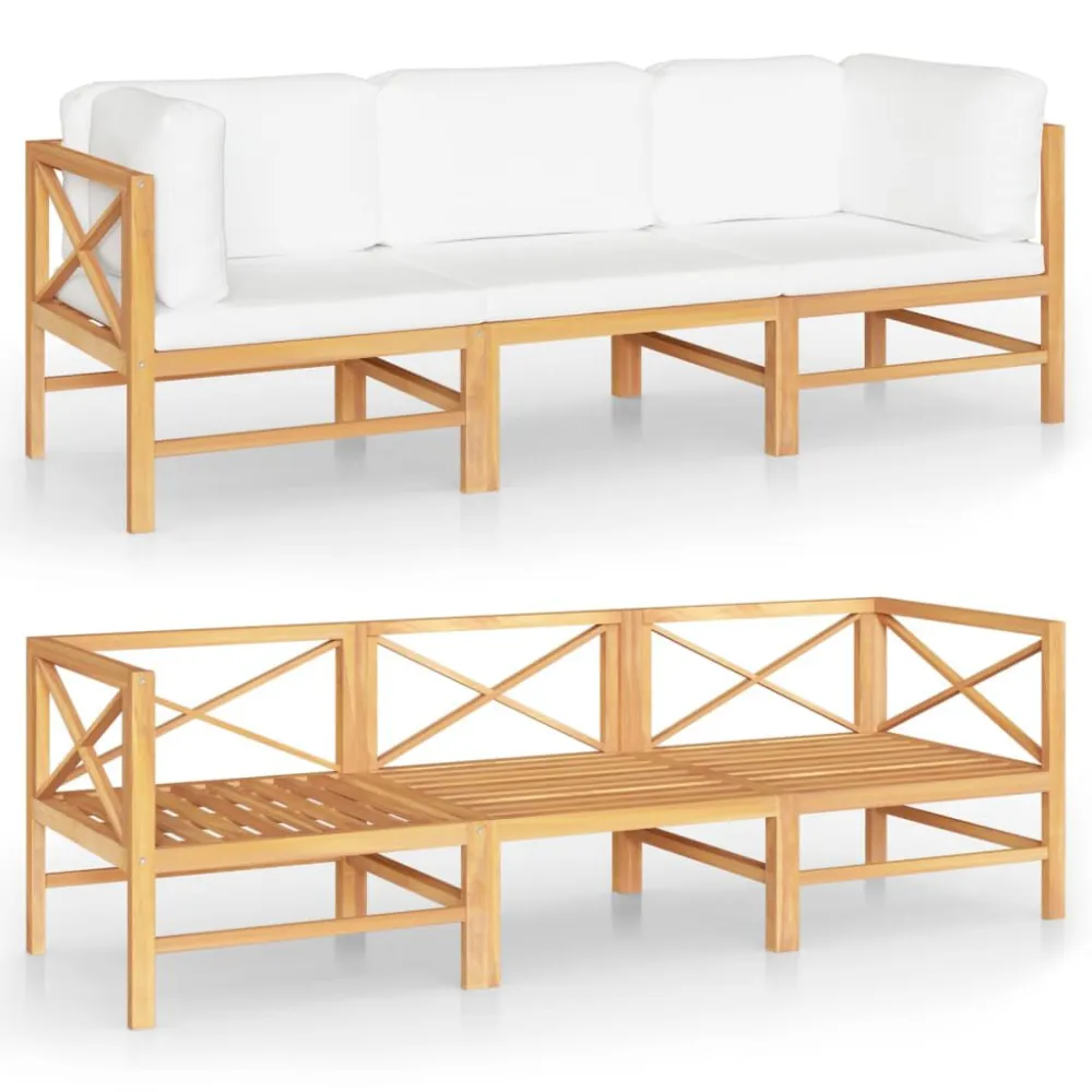 Divano da Giardino 3 Posti Cuscini Crema Legno Massello di Teak con Portabicchiere Integrato