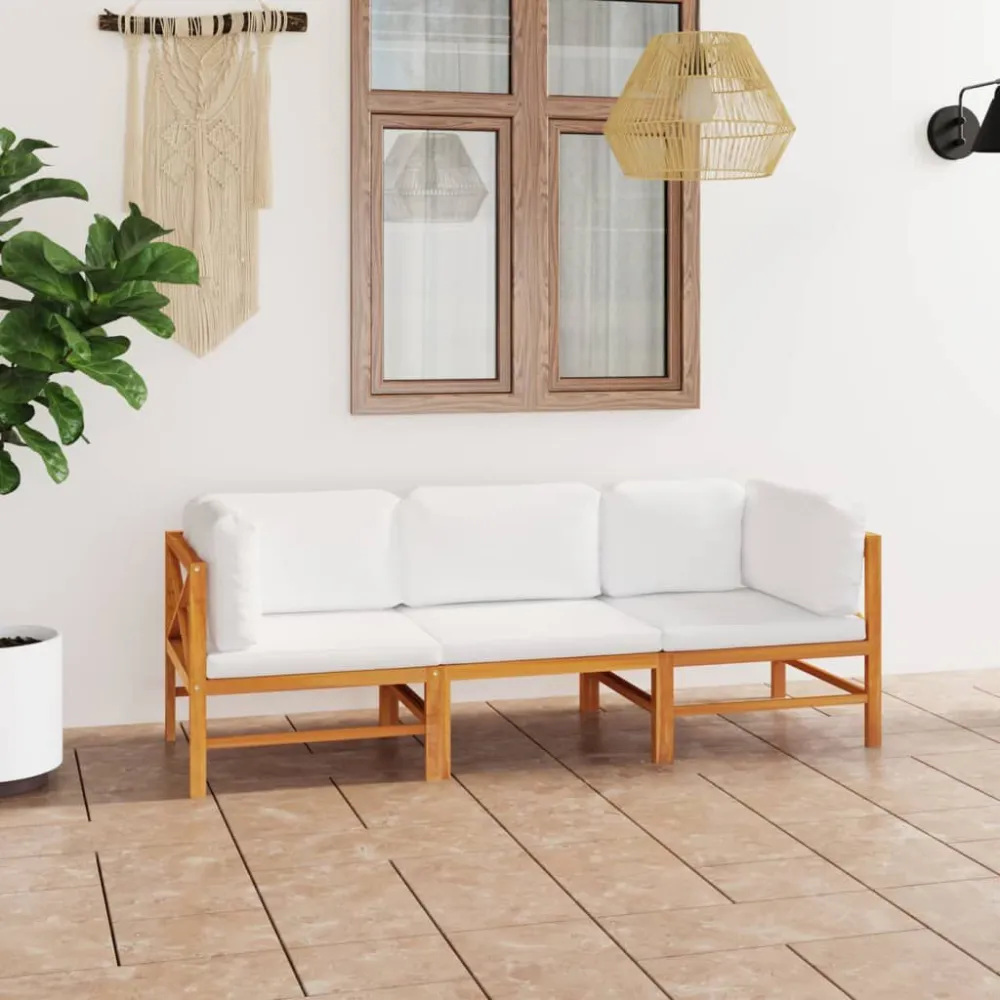 Divano da Giardino 3 Posti Cuscini Crema Legno Massello di Teak con Portabicchiere Integrato