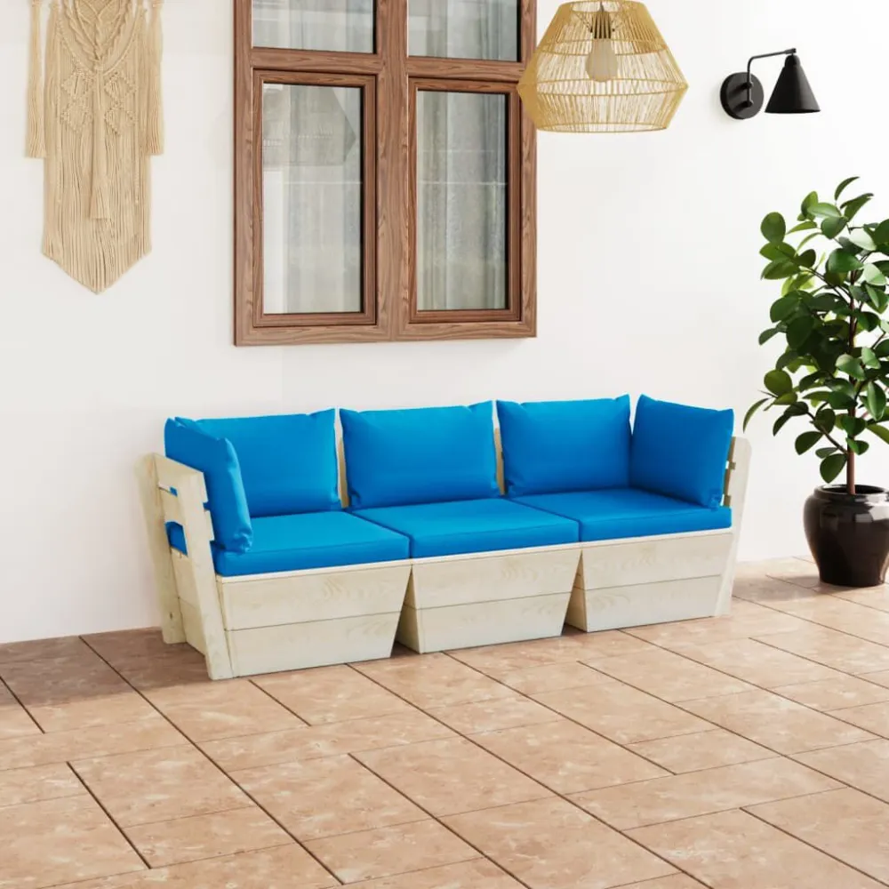 Divano da Giardino 3 Posti su Pallet con Cuscini Legno Abete - Impermeabile e UV Resistente