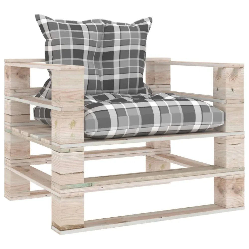 Divano su Pallet con Cuscini Grigi Quadri Legno di Pino per Relax all'Aperto