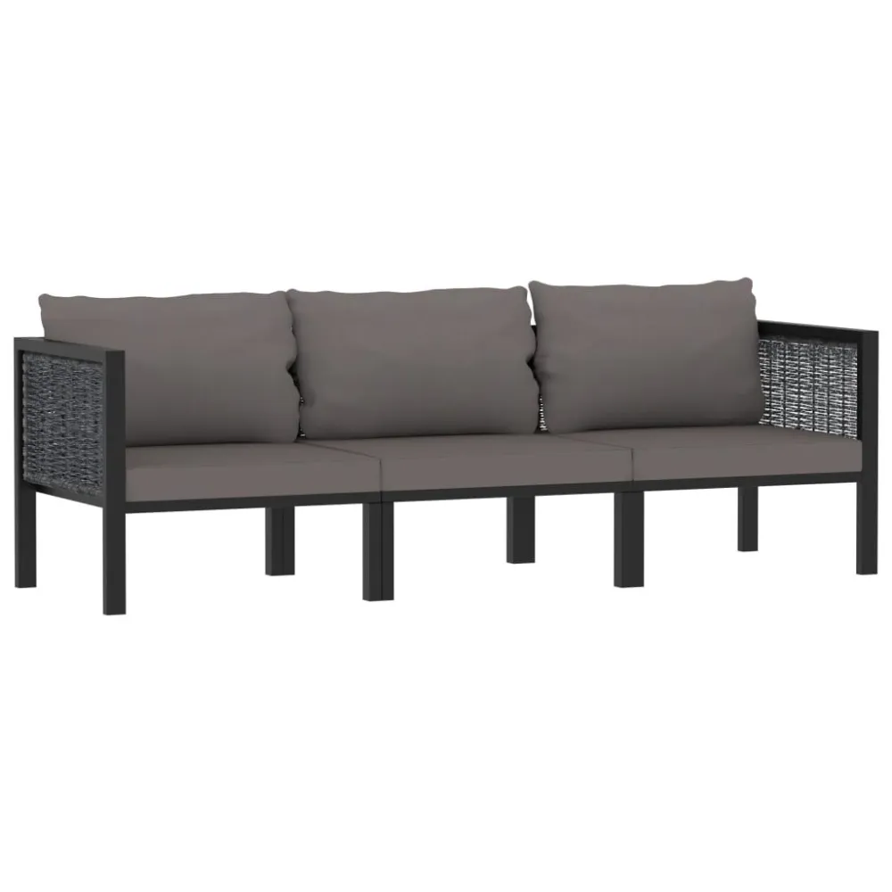 Divano 3 Posti con Cuscini Antracite Polyrattan con Rivestimento Tessuto