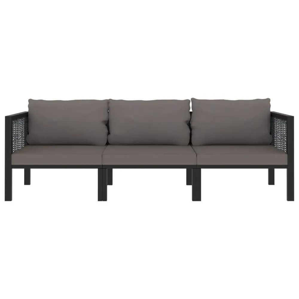 Divano 3 Posti con Cuscini Antracite Polyrattan con Rivestimento Tessuto