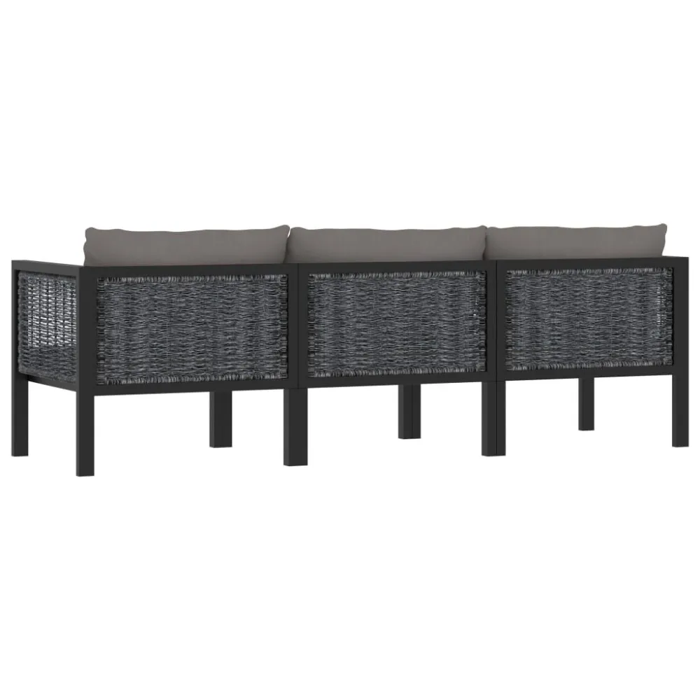 Divano 3 Posti con Cuscini Antracite Polyrattan con Rivestimento Tessuto
