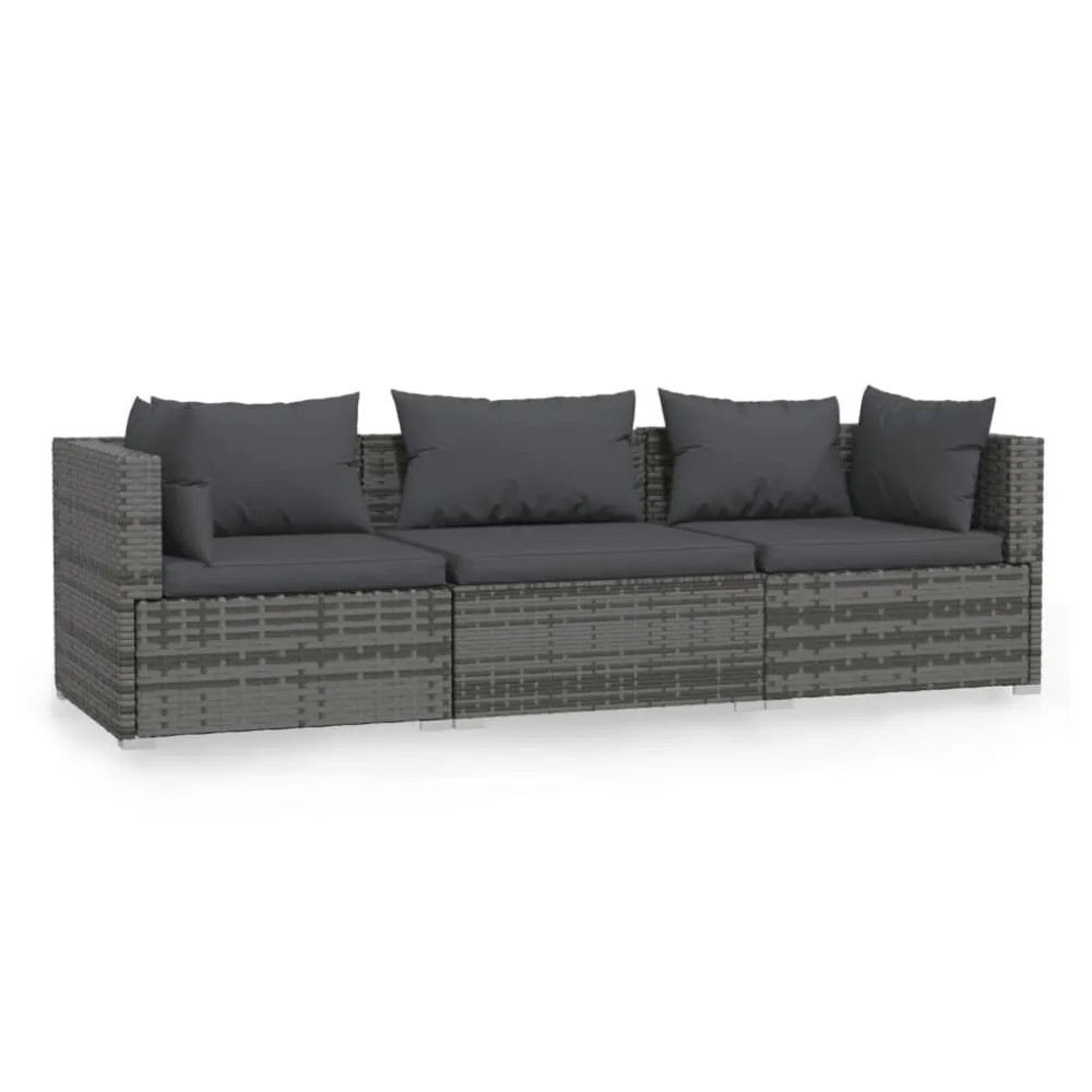 Divano 3 Posti con Cuscini Polyrattan Grigio con Cuscino Estraibile
