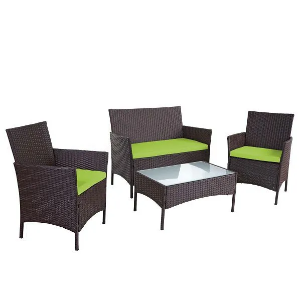 Mendler 2-1-1 set da giardino polyrattan Halden gruppo salotto set lounge divano marrone screziato cuscini verdi 52034+520...