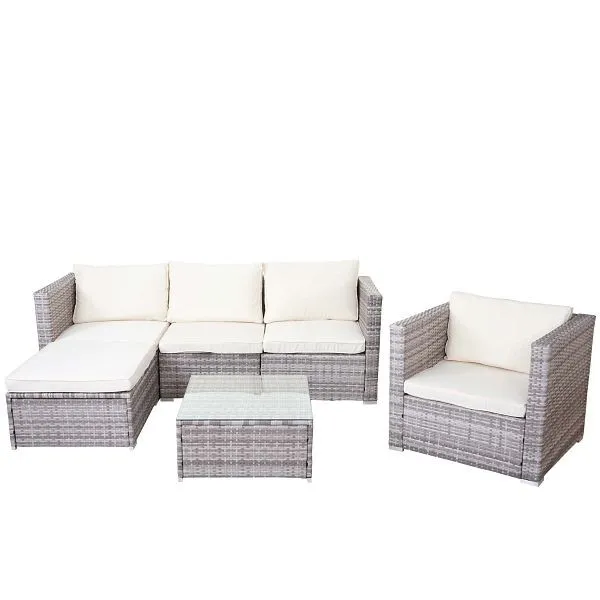 Mendler Brescia set polyrattan set da giardino divano lounge set grigio cuscini crema 52757+52758+52759 | Pieghevole e Leg...