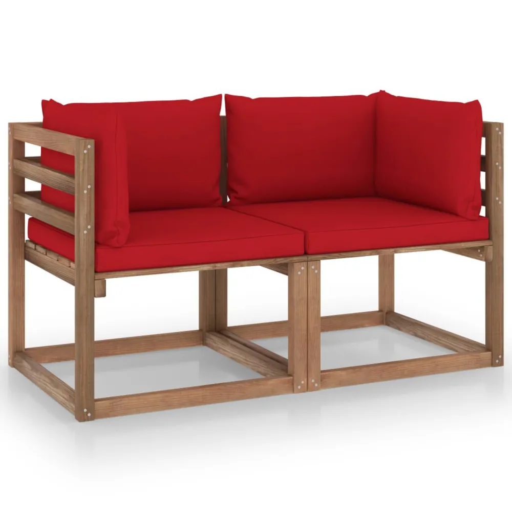 Panca Dondolo Divano da Giardino Pallet 2 Posti con Cuscini Rossi Legno Pino