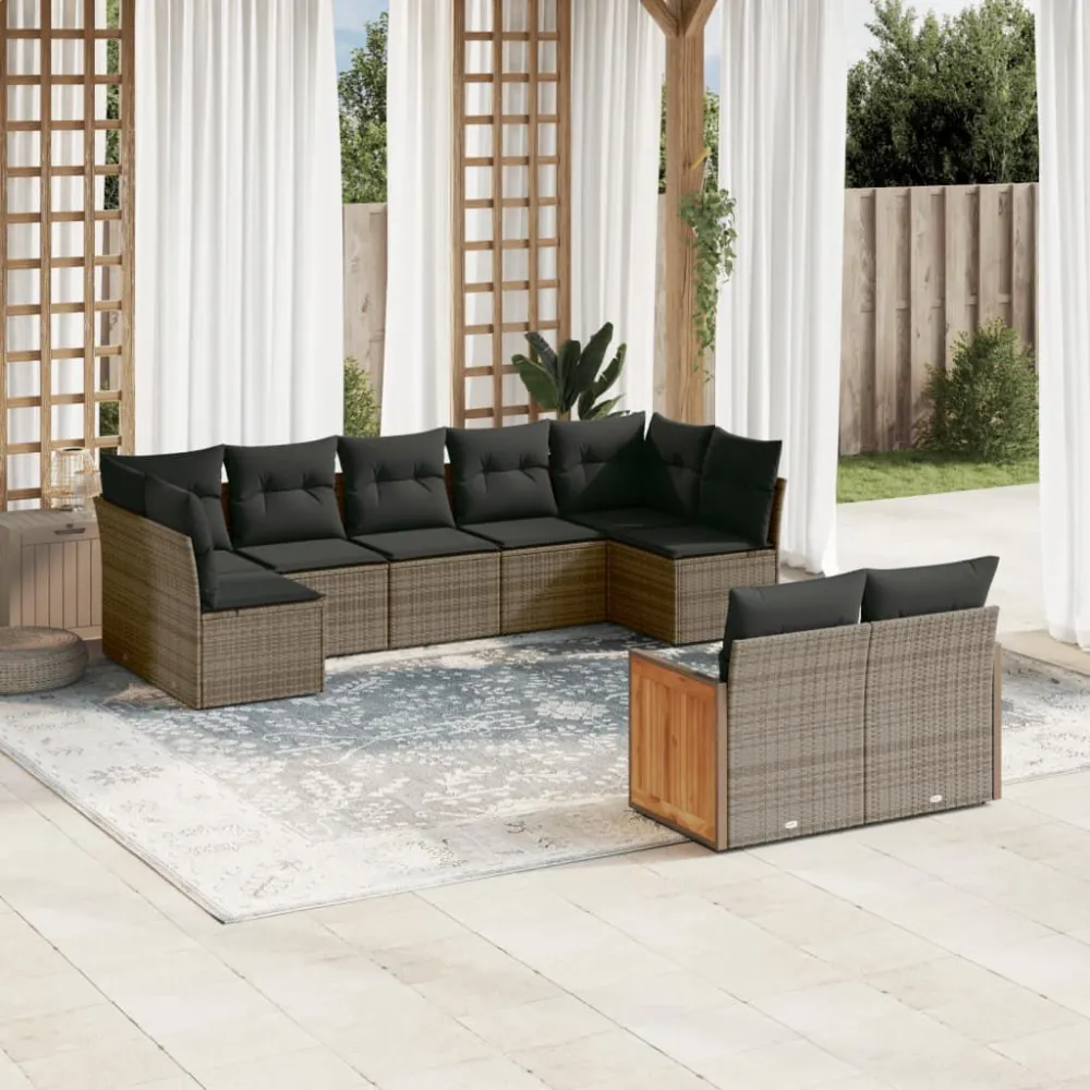 Poltrona Dondolo Set Divano da Giardino 9 pz con Cuscini Grigio Polyrattan