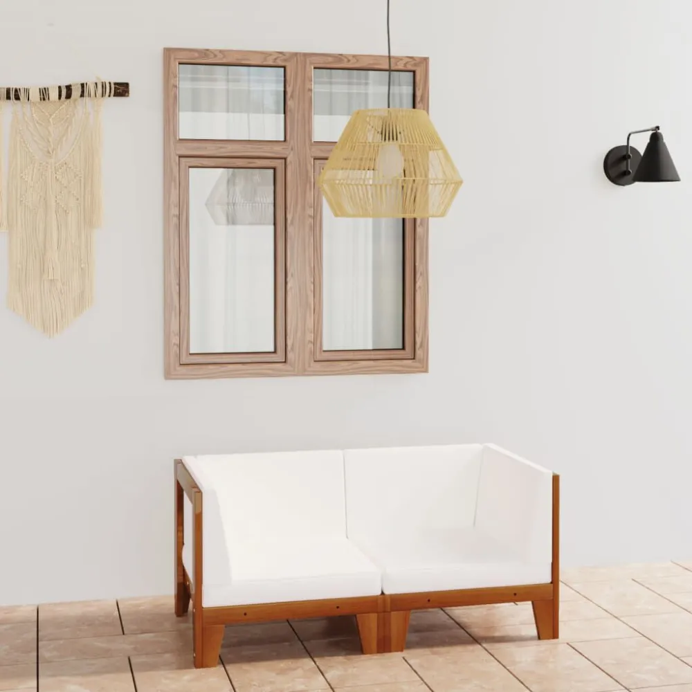 Pouf Portaoggetti Divano 2 Posti con Cuscini Bianco Crema Massello di Acacia