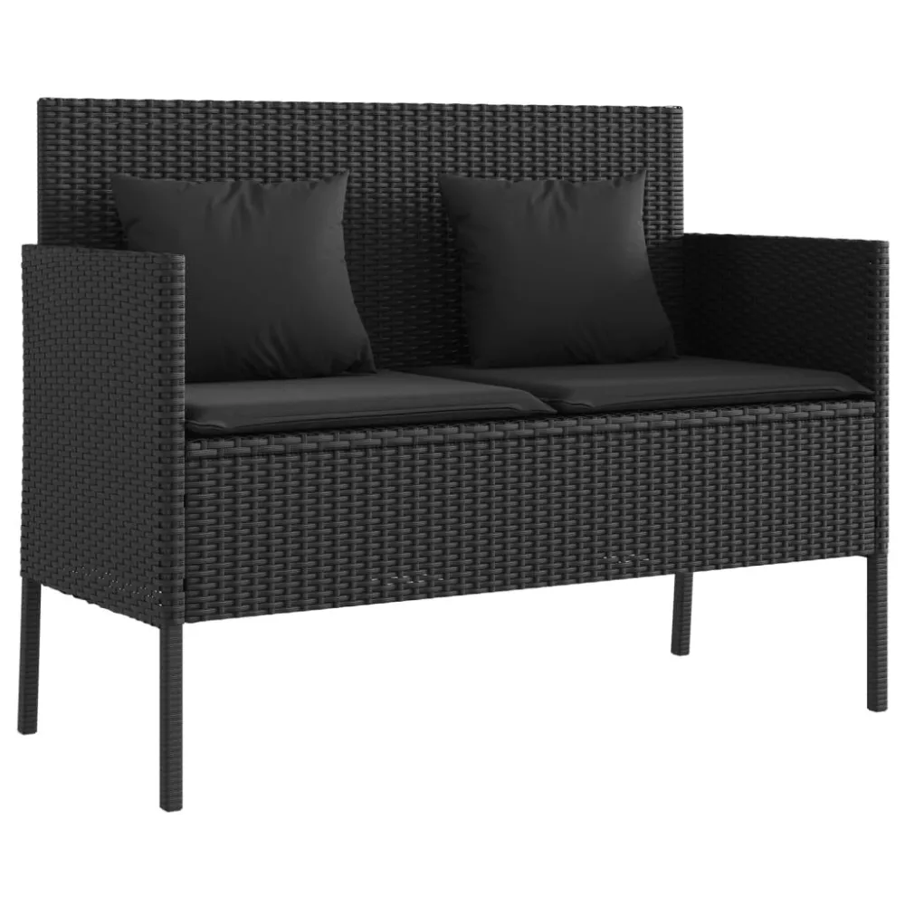 Pouf Portaoggetti Panca da Giardino con Cuscini Nera Polyrattan