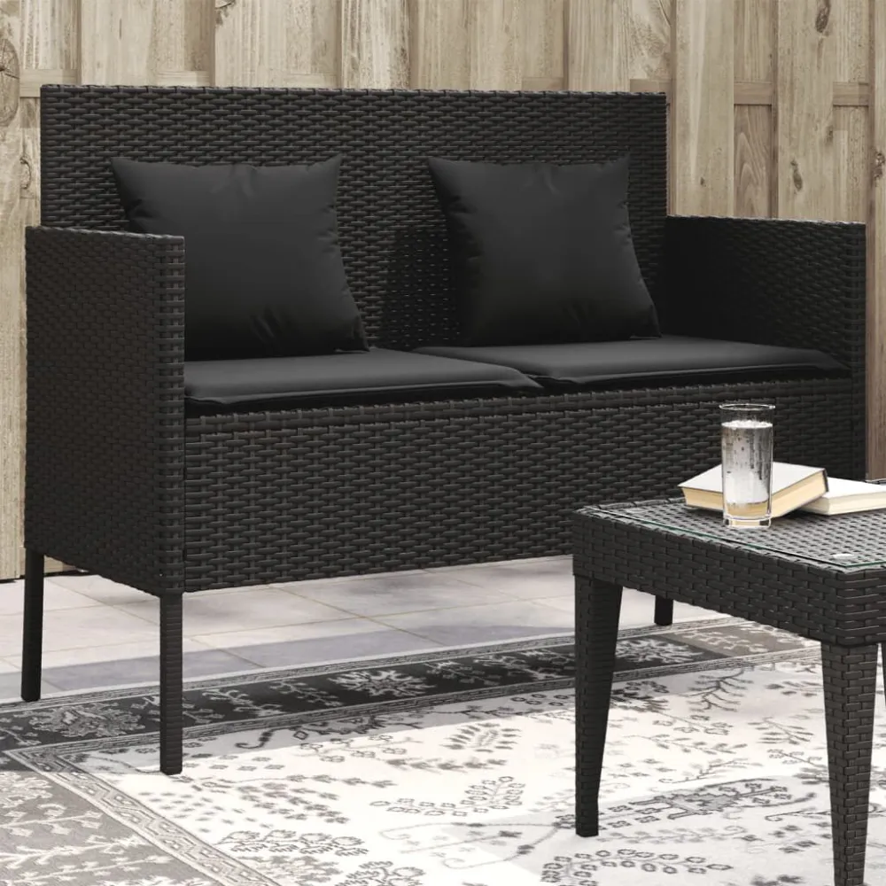 Pouf Portaoggetti Panca da Giardino con Cuscini Nera Polyrattan