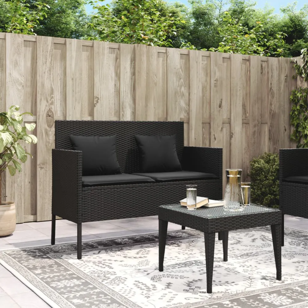Pouf Portaoggetti Panca da Giardino con Cuscini Nera Polyrattan