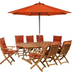 Pouf Portaoggetti 8 Seater Acacia Wood Garden Dining Set Parasol and Red Cushions MAUI