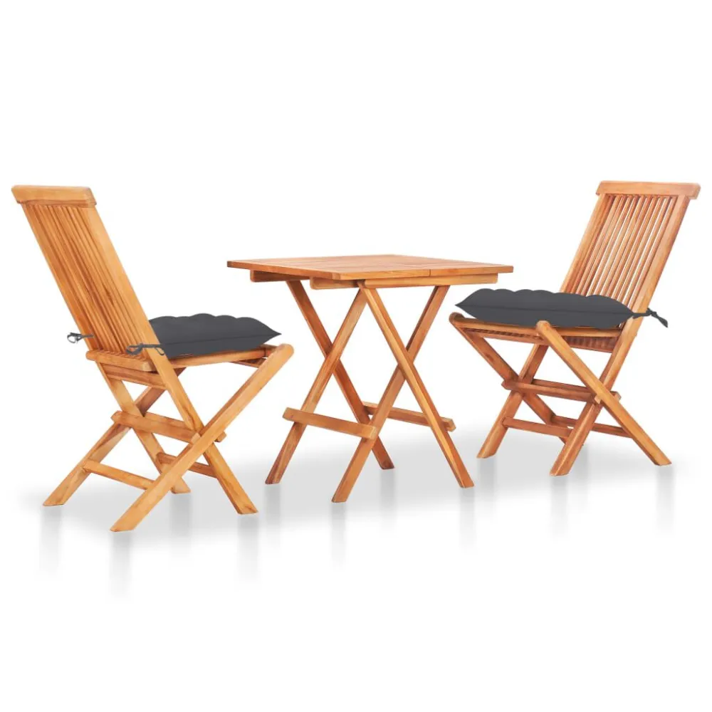 Pouf Portaoggetti Set da Bistrot 3 pz con Cuscini Antracite Massello di Teak