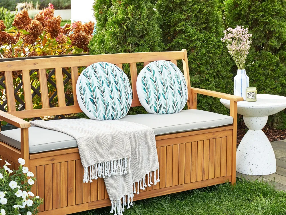 Pouf Portaoggetti Set di 2 cuscini da esterno tessuto bianco e verde ⌀ 40 cm LOANO