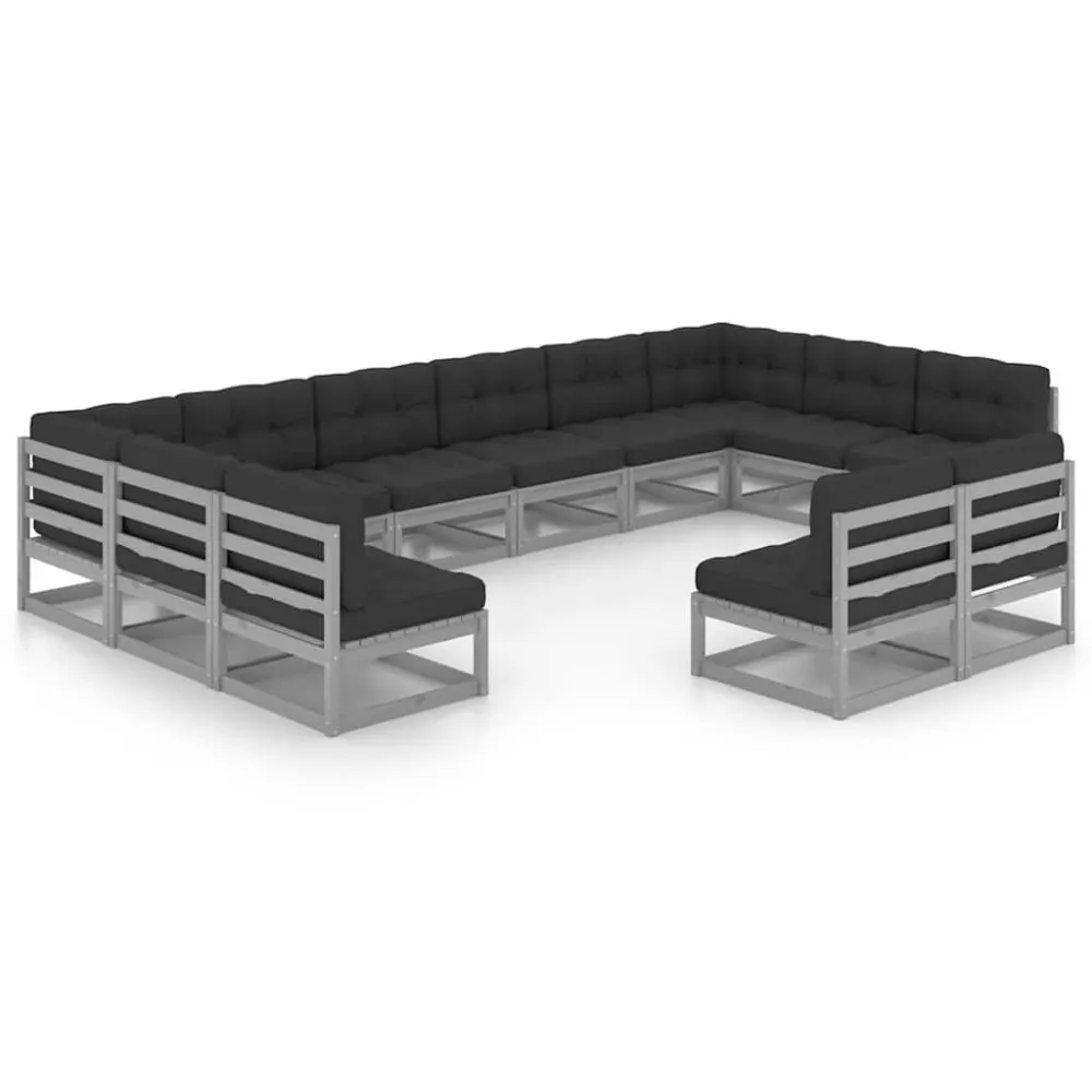 Pouf Portaoggetti Set Divani da Giardino 12pz con Cuscini Grigio Massello di Pino