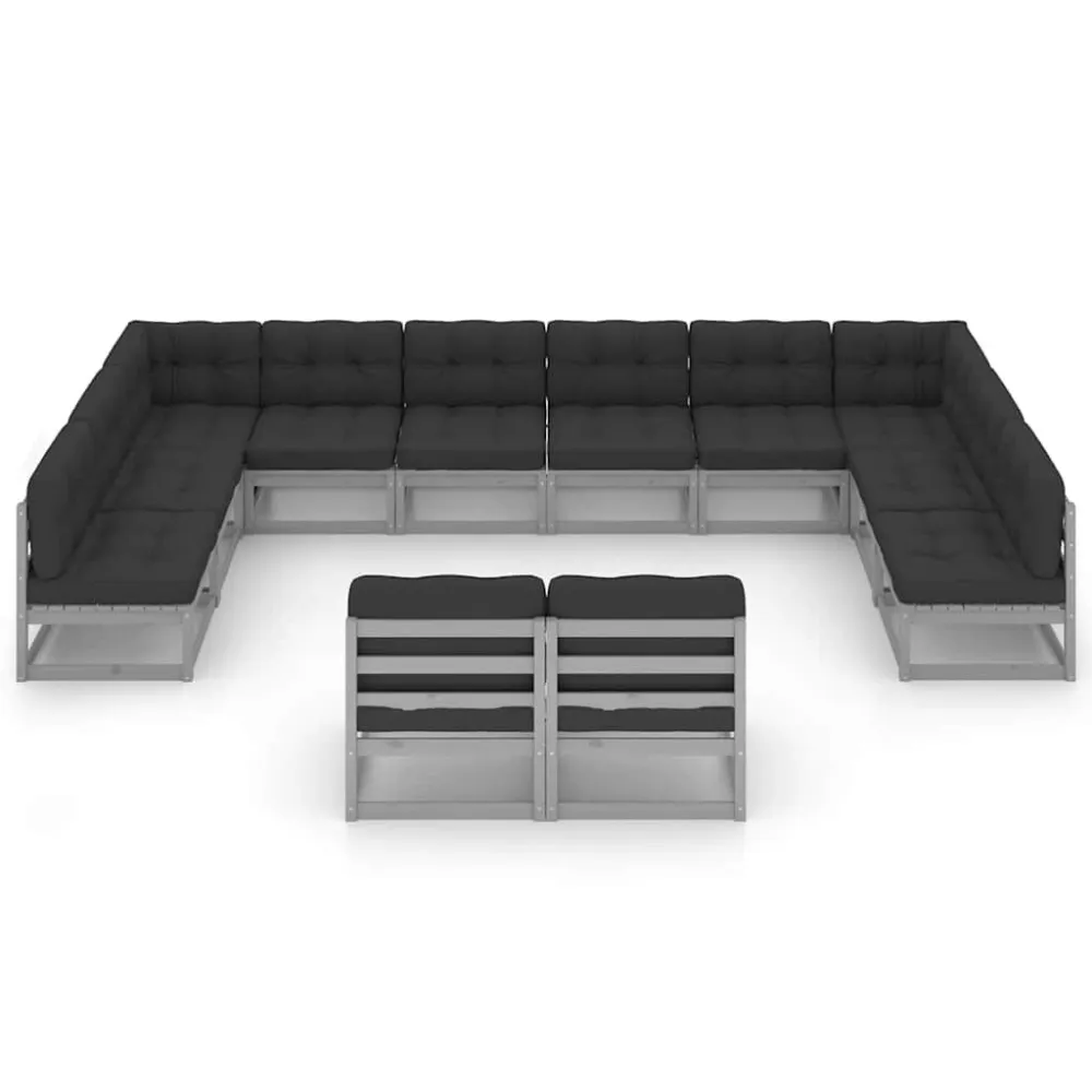 Pouf Portaoggetti Set Divani da Giardino 12pz con Cuscini Grigio Massello di Pino
