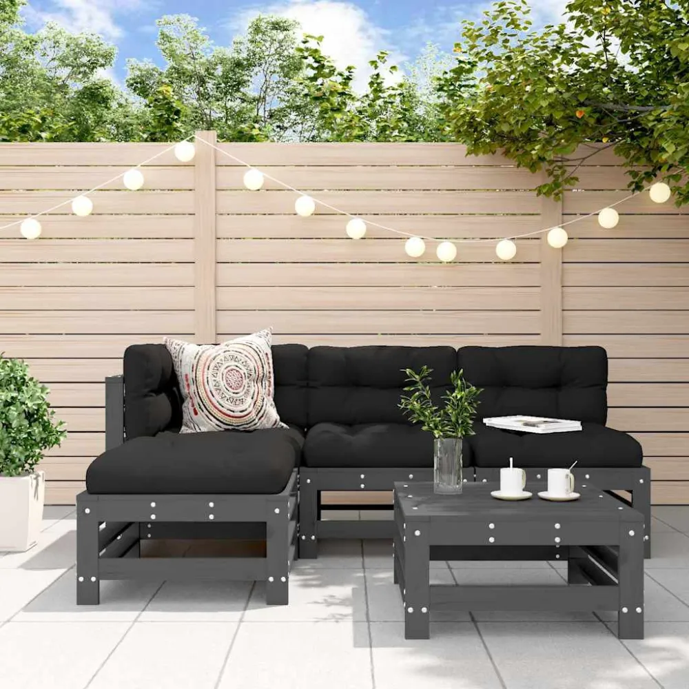 Pouf Portaoggetti Set Divani da Giardino 5pz con Cuscini Legno Massello Grigio