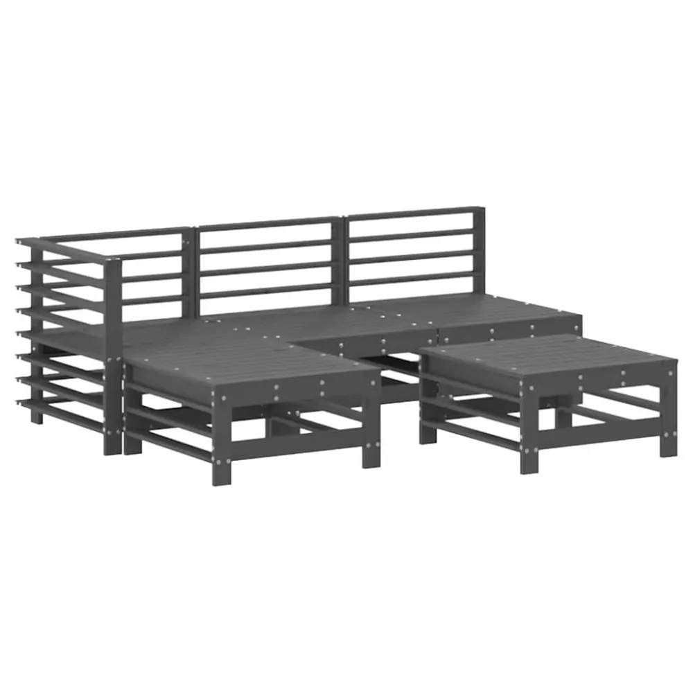 Pouf Portaoggetti Set Divani da Giardino 5pz con Cuscini Legno Massello Grigio