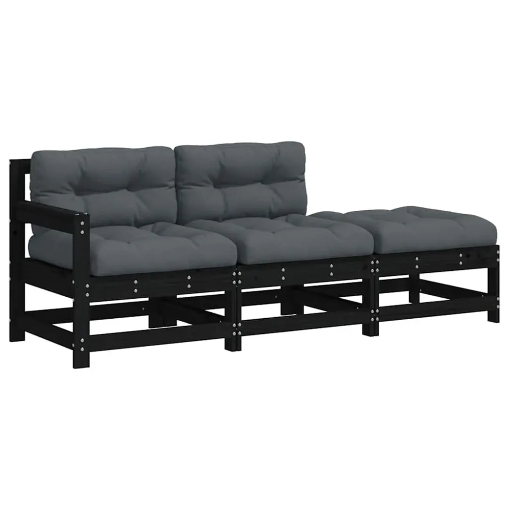 Pouf Portaoggetti Set Divani da Giardino 3 pz con Cuscini Legno Massello Nero