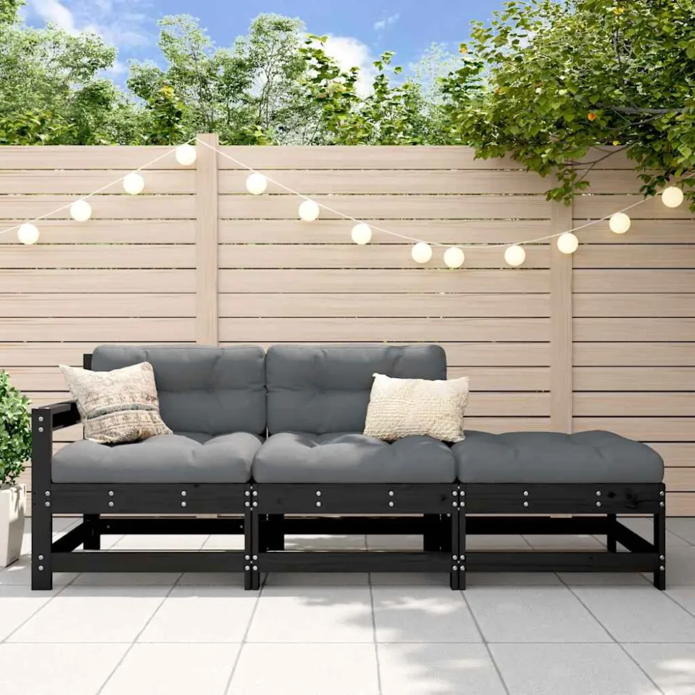 Pouf Portaoggetti Set Divani da Giardino 3 pz con Cuscini Legno Massello Nero