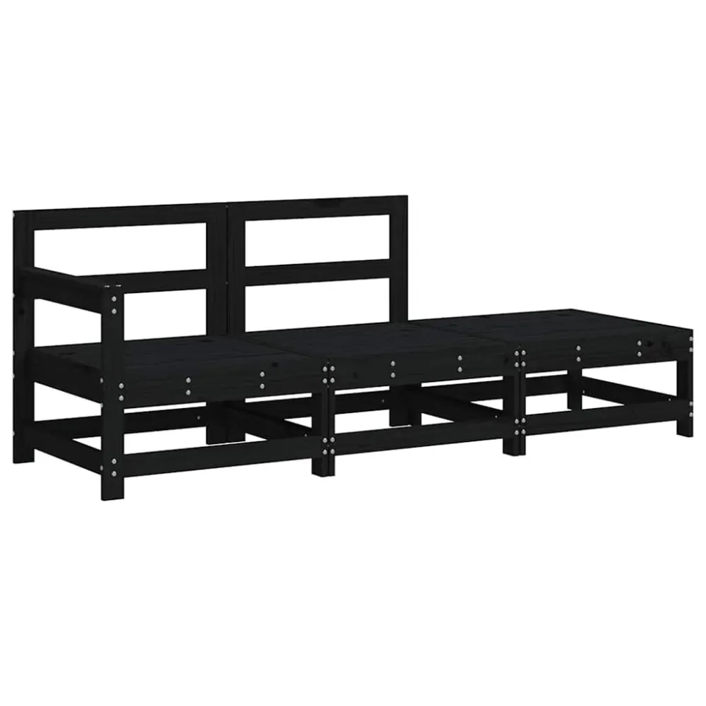 Pouf Portaoggetti Set Divani da Giardino 3 pz con Cuscini Legno Massello Nero