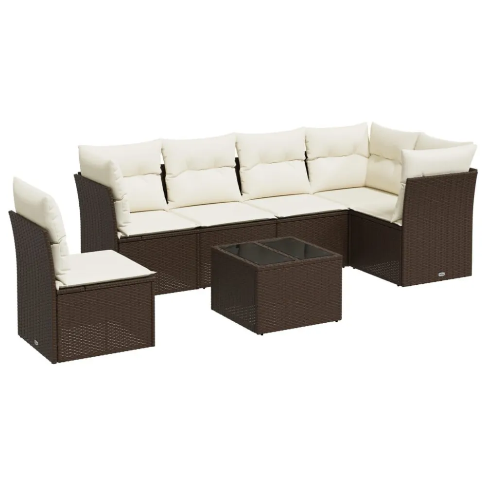 Pouf Portaoggetti Set Divani da Giardino 7 pz con Cuscini Marrone Polyrattan