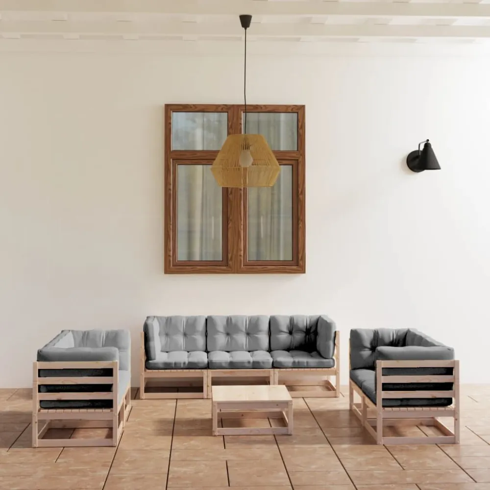 Pouf Portaoggetti Set Divani da Giardino 8 pz con Cuscini Legno Massello di Pino