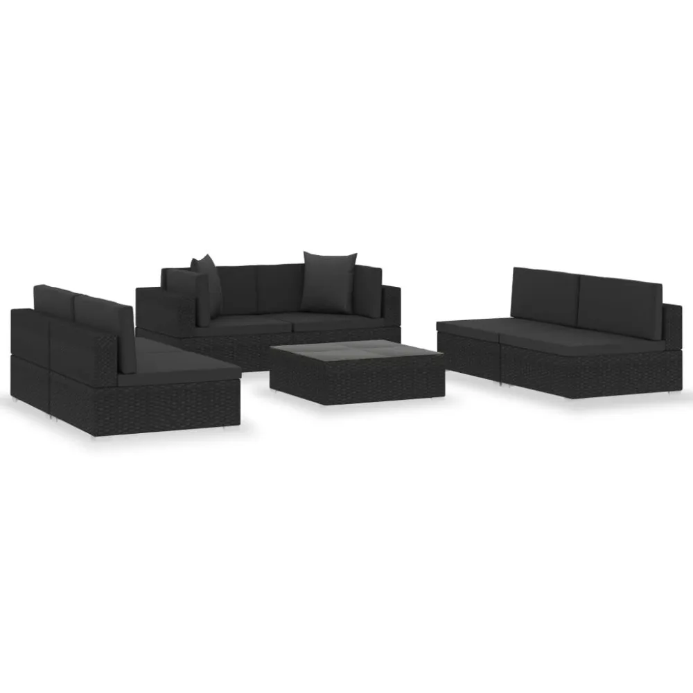 Pouf Portaoggetti Set Divani da Giardino 7 pz con Cuscini Polyrattan Nero
