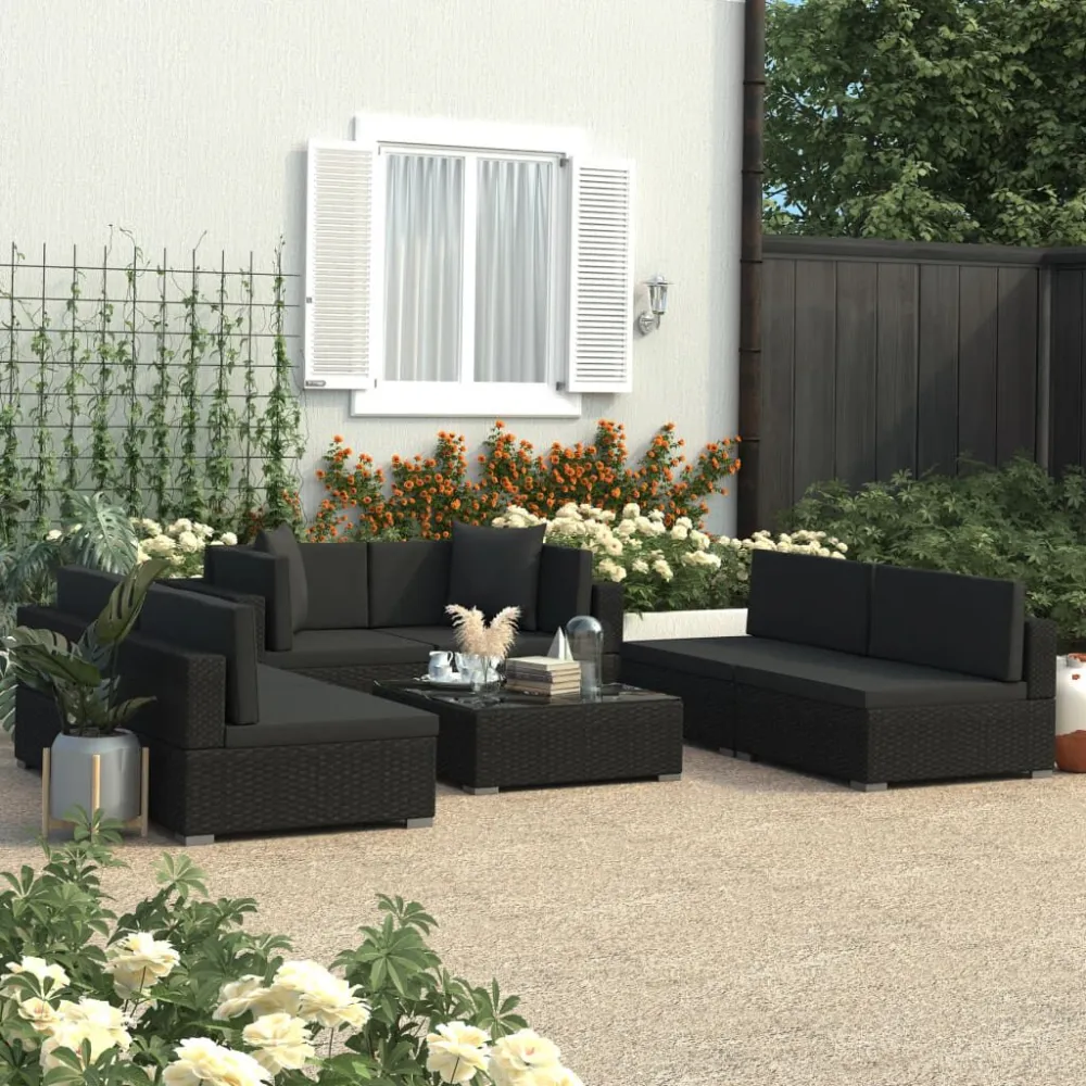 Pouf Portaoggetti Set Divani da Giardino 7 pz con Cuscini Polyrattan Nero