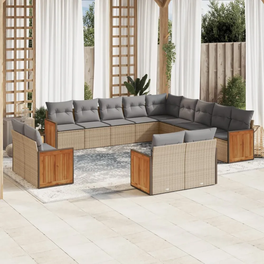 Pouf Portaoggetti Set Divano da Giardino 13 pz con Cuscini Nocciola Polyrattan