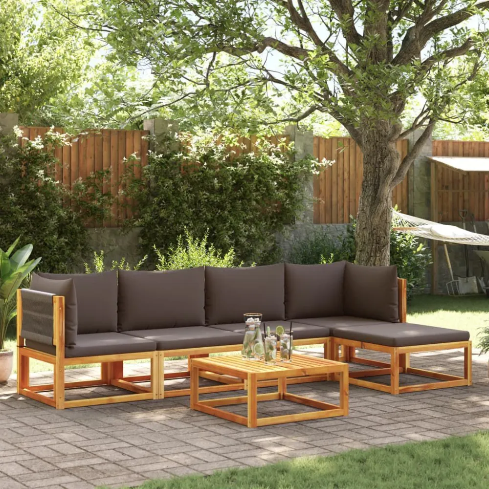 Pouf Portaoggetti Set Divano da Giardino 6 pz con Cuscini Massello di Acacia