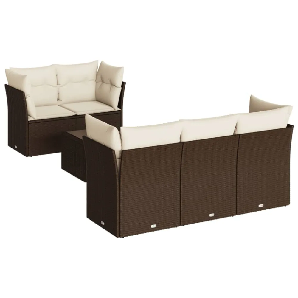 Pouf Portaoggetti Set Divano da Giardino 6 pz con Cuscini Marrone Polyrattan
