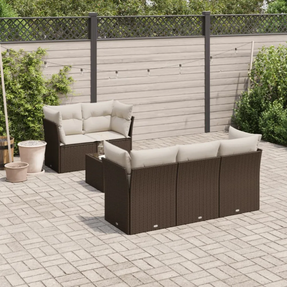 Pouf Portaoggetti Set Divano da Giardino 6 pz con Cuscini Marrone Polyrattan
