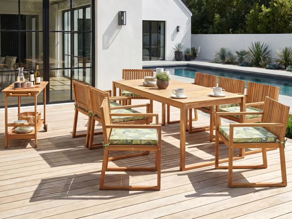 Pouf Portaoggetti Set da giardino legno di acacia marrone 8 posti cuscini foglie SASSARI