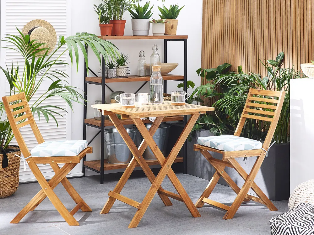 Pouf Portaoggetti Set da giardino legno marrone palese con cuscini azzurri/bianchi FIJI