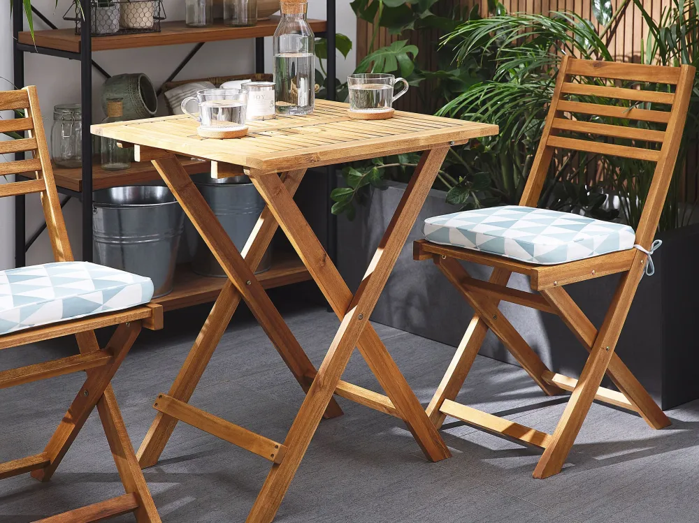 Pouf Portaoggetti Set da giardino legno marrone palese con cuscini azzurri/bianchi FIJI