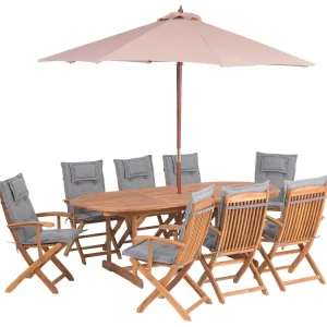 Pouf Portaoggetti Set da giardino di un tavolo e 8 sedie con cuscini grigi e un ombrellone MAUI