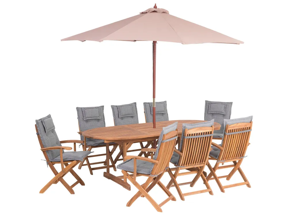 Pouf Portaoggetti Set da giardino di un tavolo e 8 sedie con cuscini grigi e un ombrellone MAUI