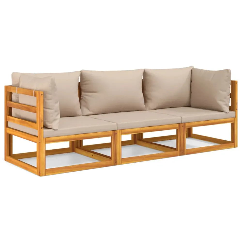 Pouf Portaoggetti Set Salotto da Giardino 3pz con Cuscini Tortora Legno Massello