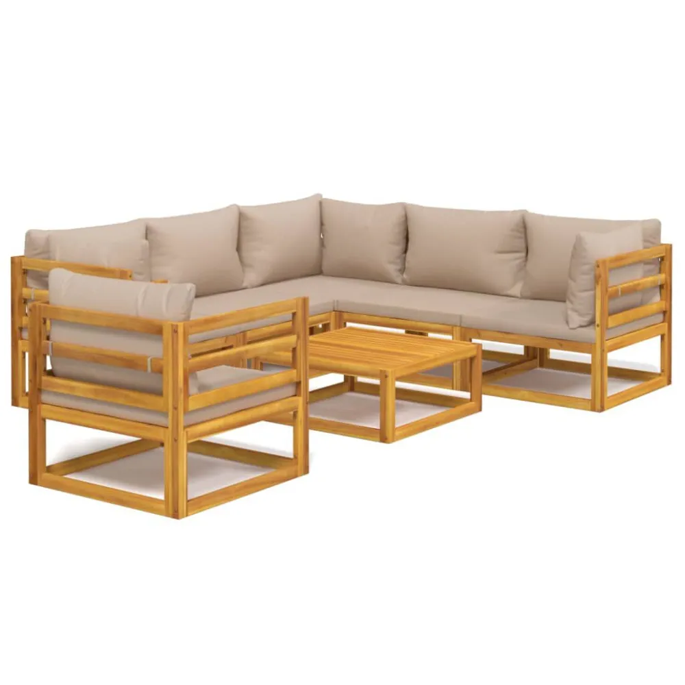 Pouf Portaoggetti Set Salotto da Giardino 7pz con Cuscini Tortora Legno Massello