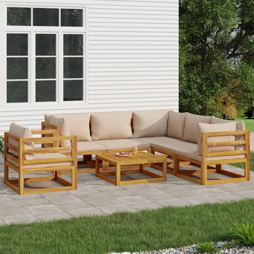 Pouf Portaoggetti Set Salotto da Giardino 7pz con Cuscini Tortora Legno Massello