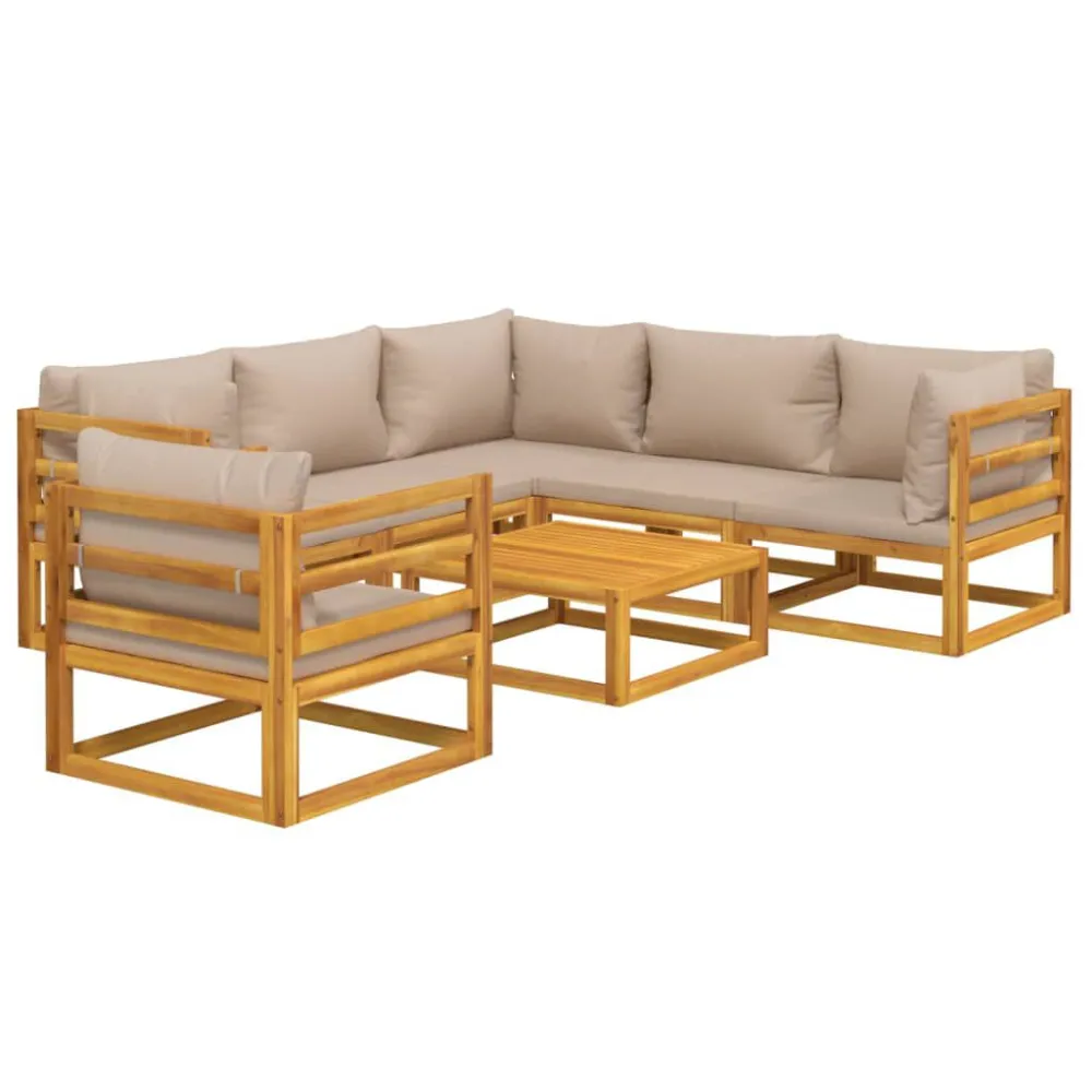 Pouf Portaoggetti Set Salotto da Giardino 7pz con Cuscini Tortora Legno Massello