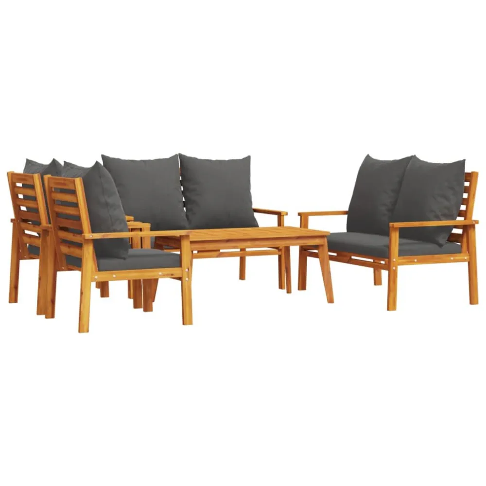 Pouf Portaoggetti Set Salotto da Giardino 5 pz con Cuscini Legno Massello Acacia