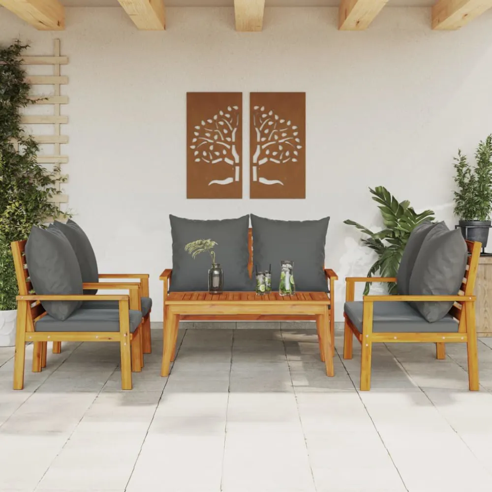 Pouf Portaoggetti Set Salotto da Giardino 5 pz con Cuscini Legno Massello Acacia