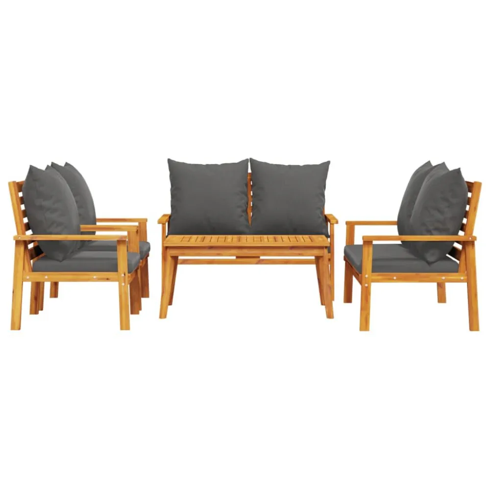 Pouf Portaoggetti Set Salotto da Giardino 5 pz con Cuscini Legno Massello Acacia
