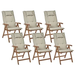 Pouf Portaoggetti Set di 6 sedie da giardino con cuscini AMANTEA Legno d'acacia Tortora