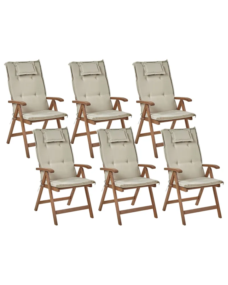 Pouf Portaoggetti Set di 6 sedie da giardino con cuscini AMANTEA Legno d'acacia Tortora