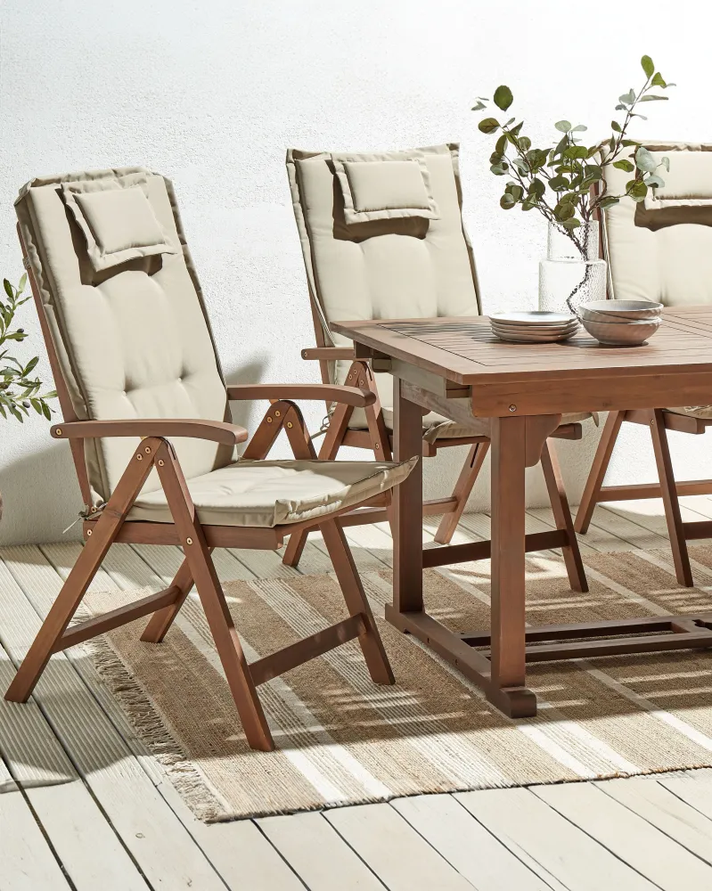 Pouf Portaoggetti Set di 6 sedie da giardino con cuscini AMANTEA Legno d'acacia Tortora